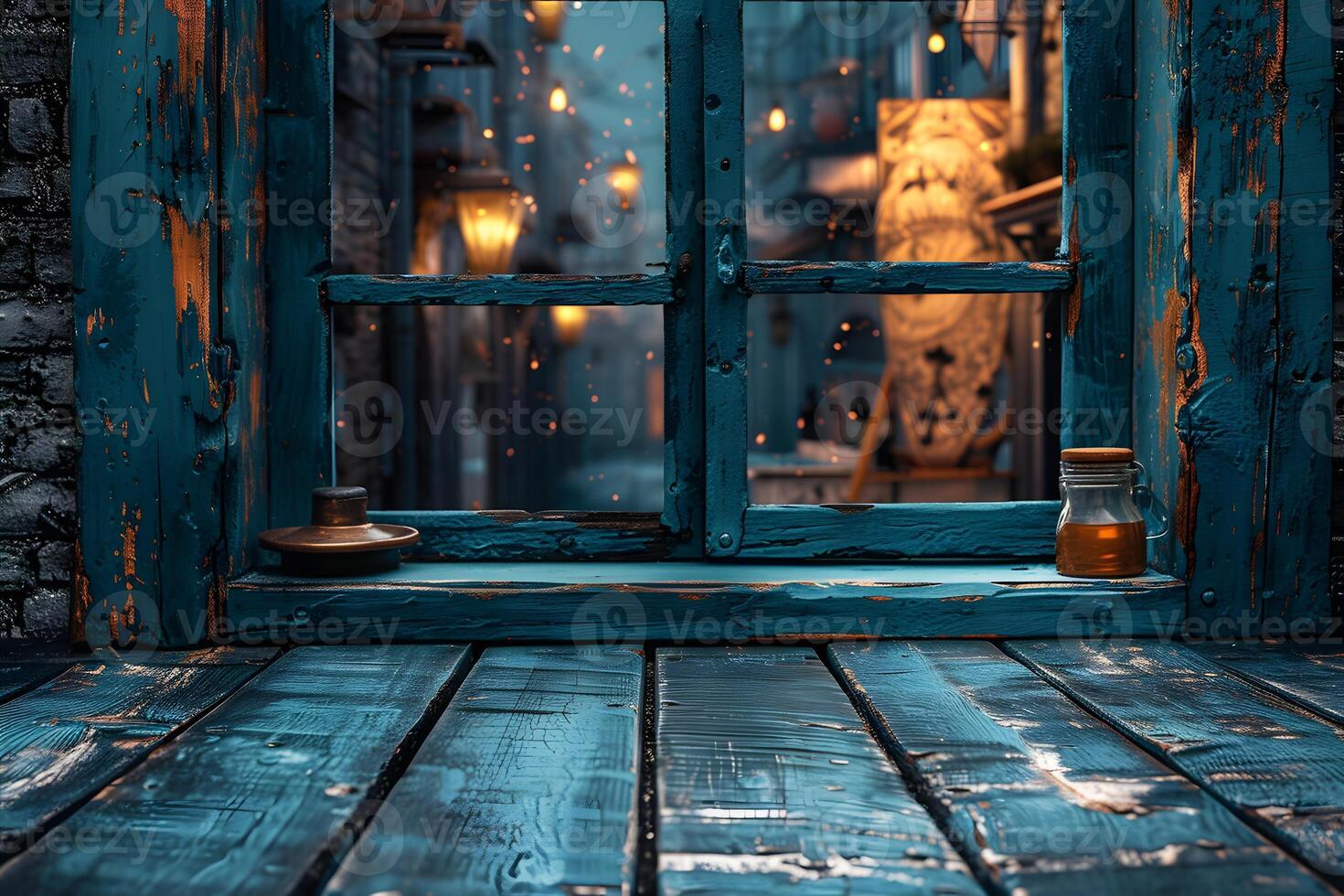 Rustic Window Scene with Festive Street Lights - Evening Ambiance for Design, Card, Poster Use photo