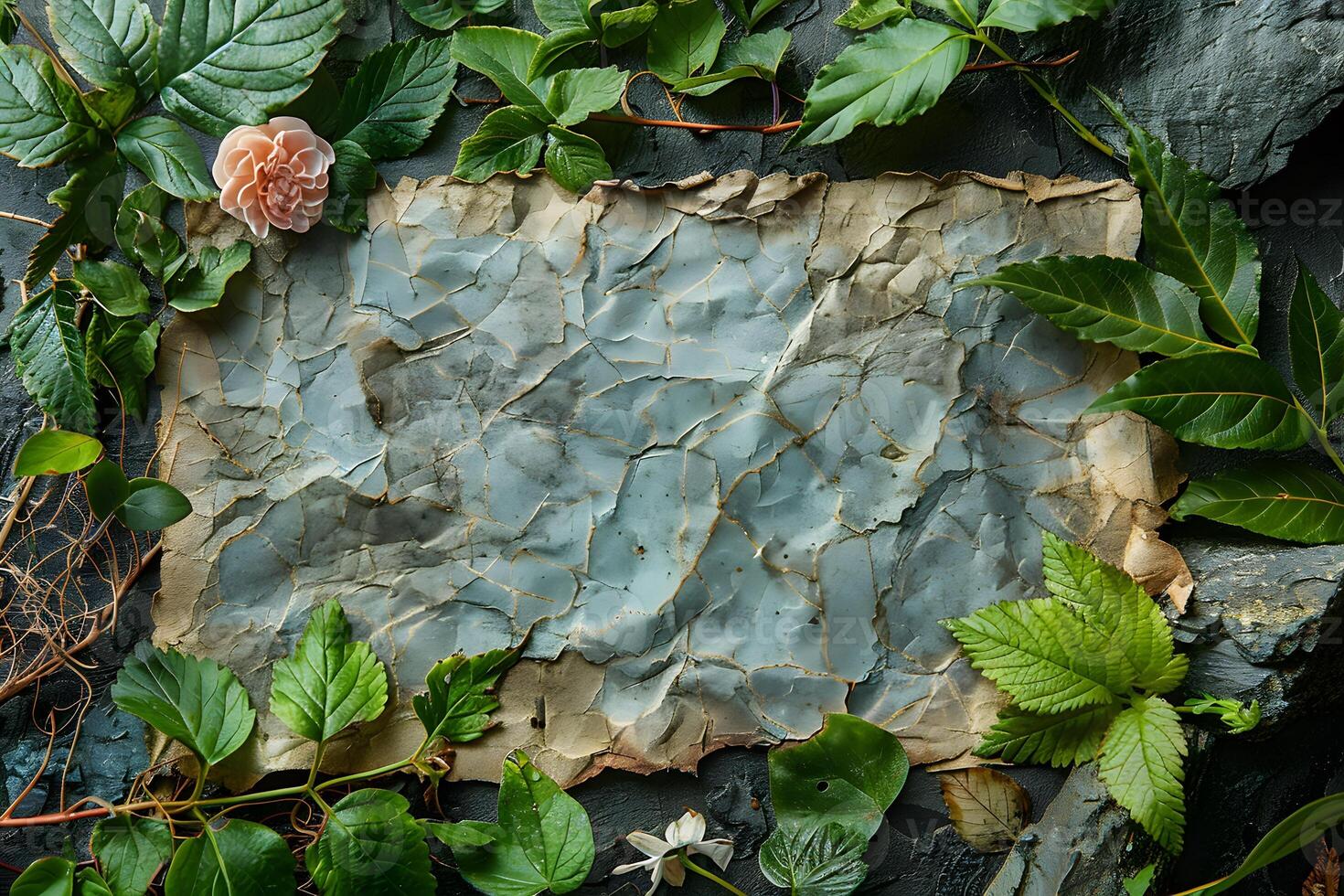 Nature-Inspired Rustic Background with Green Leaves and Textured Paper for Eco-Friendly Designs photo