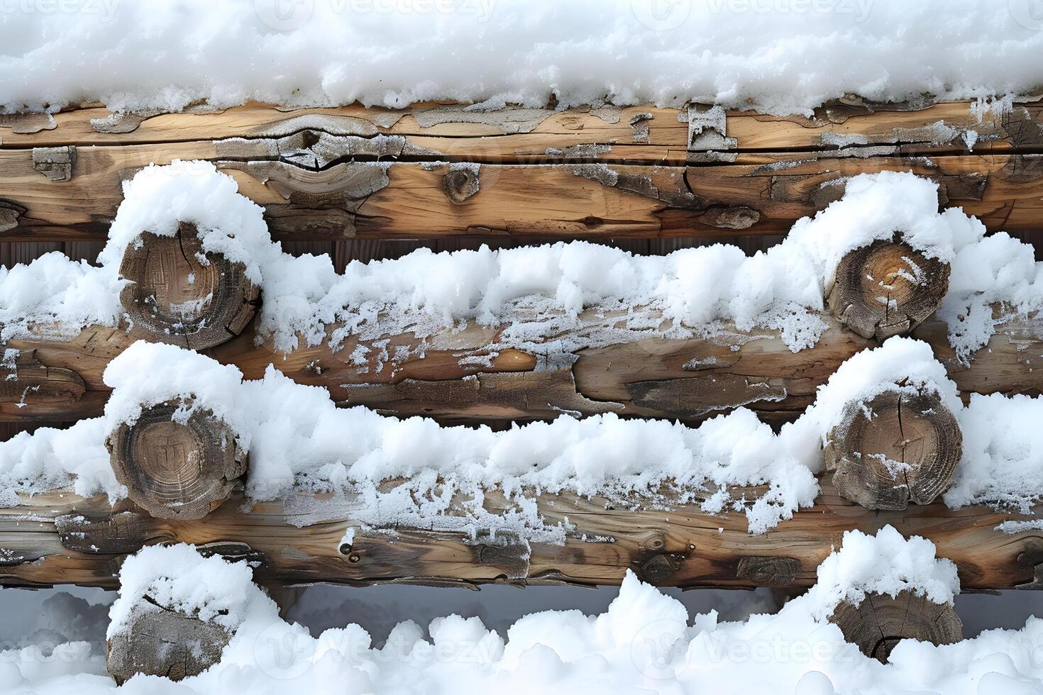 Snow-Covered Wooden Log Cabin Wall in Winter - Perfect for Holiday Prints or Posters photo