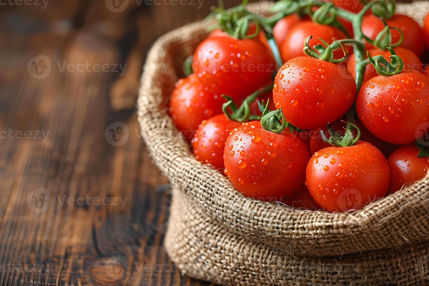 Fresh Ripe Cherry Tomatoes in a Rustic Burlap Basket on Wooden Table photo