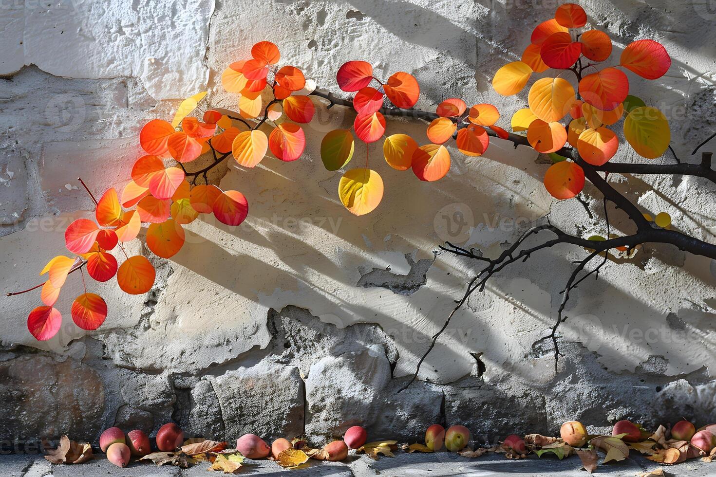 Autumn Leaves on Branch Against Rustic Wall Background Perfect for Fall Design, Print, or Poster photo