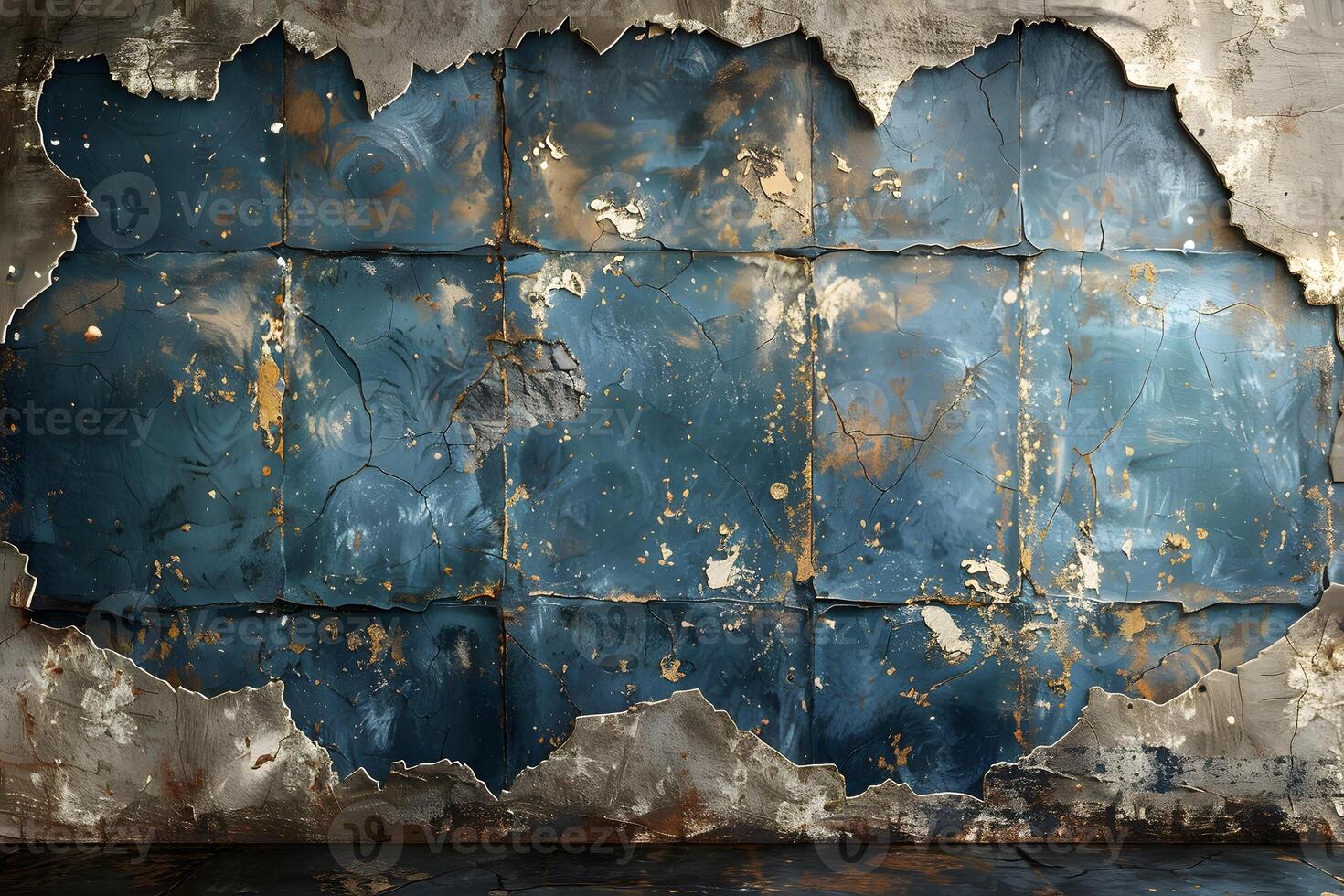 Abstract Weathered Wall Art with Blue and Gold Peeling Paint Ideal for Industrial and Urban Design photo