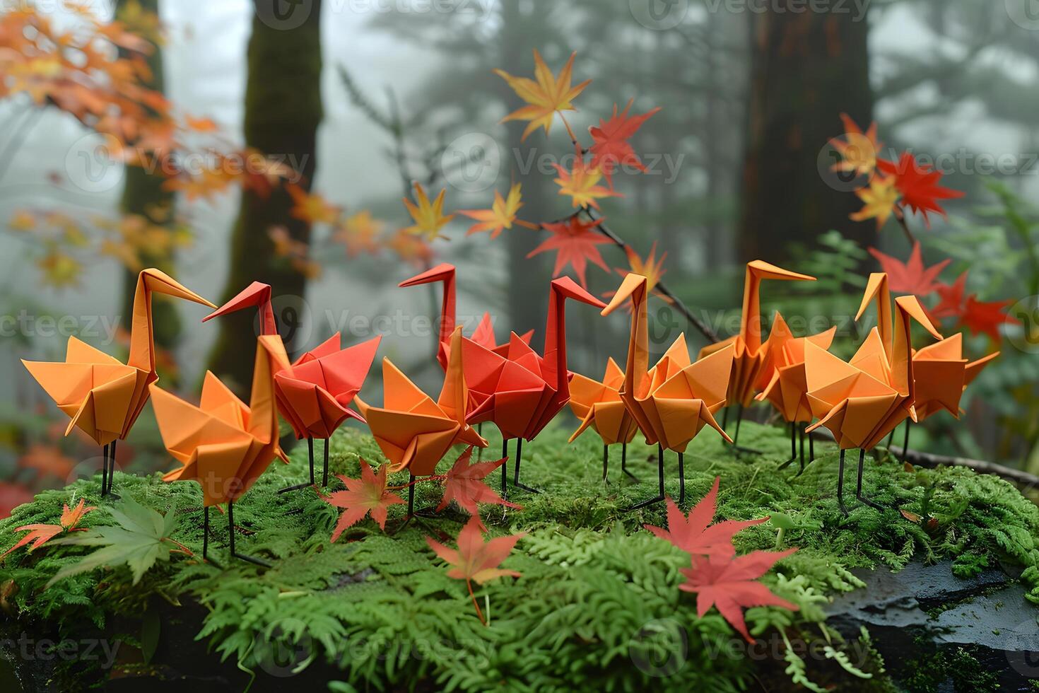 Autumn Forest Scene with Origami Cranes Surrounded by Fall Leaves - Nature Decor Concept photo