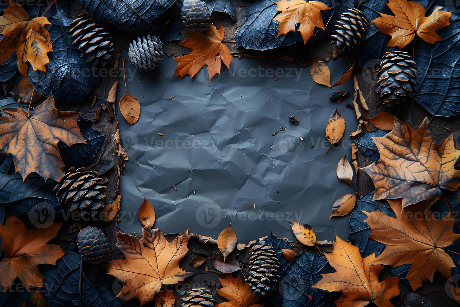 Autumn Leaves and Pinecones on Crumpled Paper Background - Nature, Fall Season, Rustic Design Elements photo