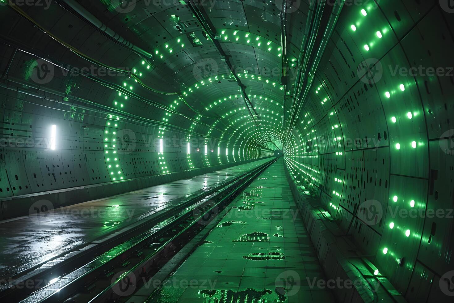 Futuristic Subway Tunnel with Green LED Lighting - Urban Transportation Concept for Posters and Prints photo