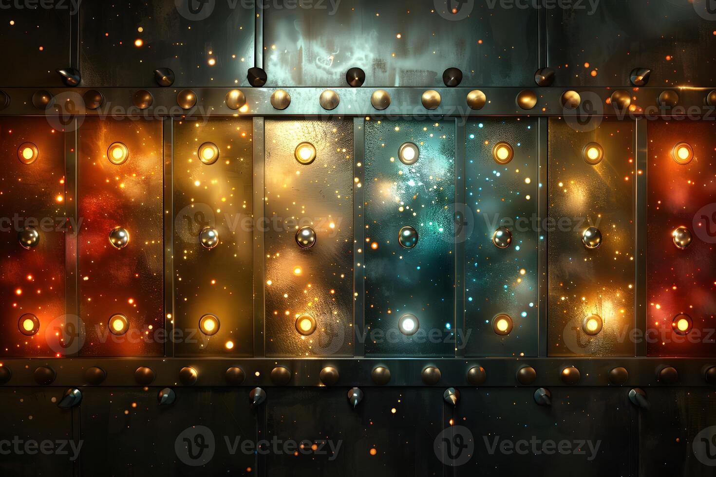 Abstract Metallic Steampunk Background with Lights and Sparkles for Design, Print, or Poster photo