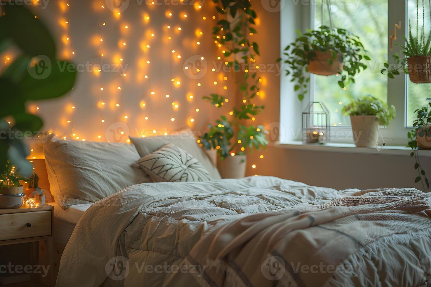 Cozy Bedroom with Fairy Lights and Indoor Plants - Perfect for Relaxation and Home Decor Inspiration photo