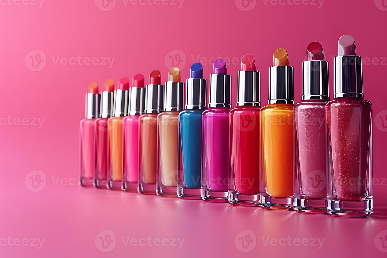 Vibrant Lip Gloss Collection with Multiple Shades on Gradient Pink Background for Beauty and Cosmetic Designs photo