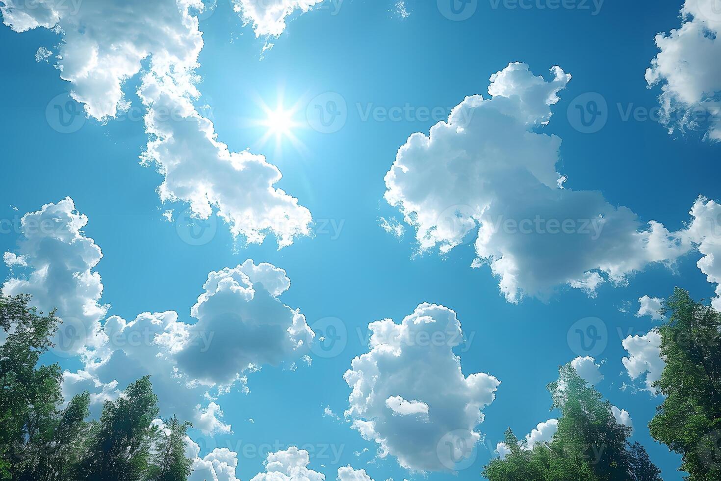 Sunny Summer Day with Fluffy Clouds and Blue Sky - Ideal for Nature Posters and Relaxation Themes photo