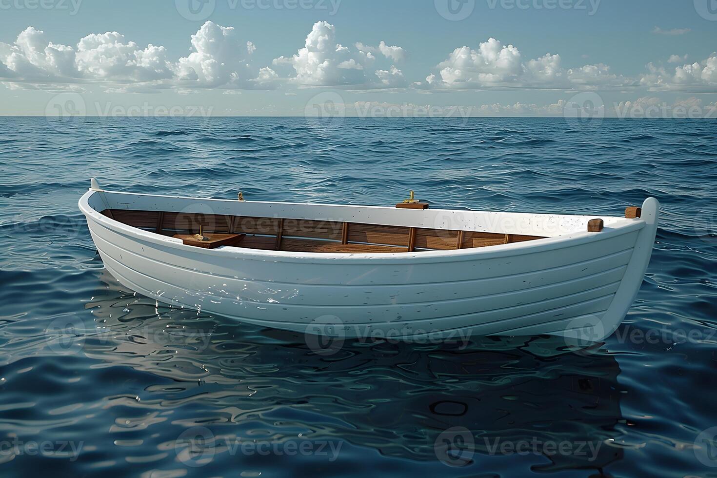 Serene White Rowboat on Tranquil Ocean with Blue Sky - Ideal for Travel, Relaxation, and Nature Themes photo