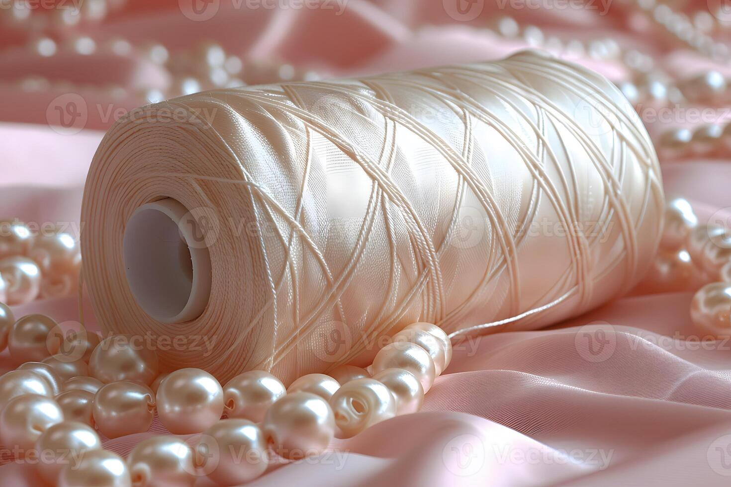 Elegant Pearl Beads and Satin Thread on Luxurious Pink Satin Fabric - Perfect for Craft and Design Projects photo