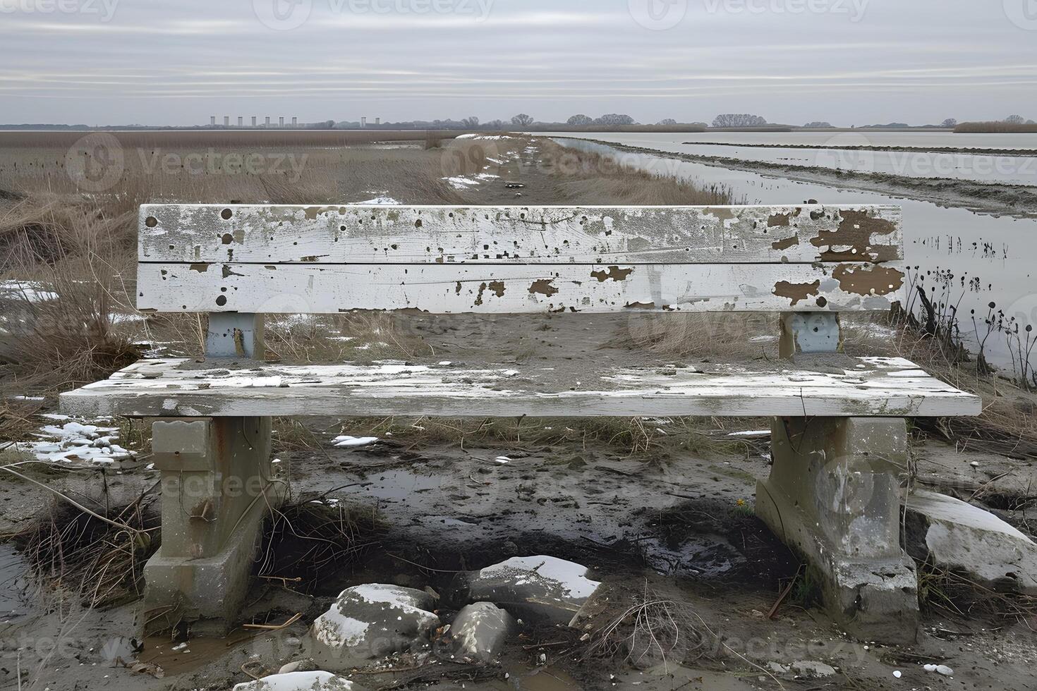 Weathered Bench by a Tranquil Marshland on a Cloudy Day - Nature, Serenity, and Loneliness photo