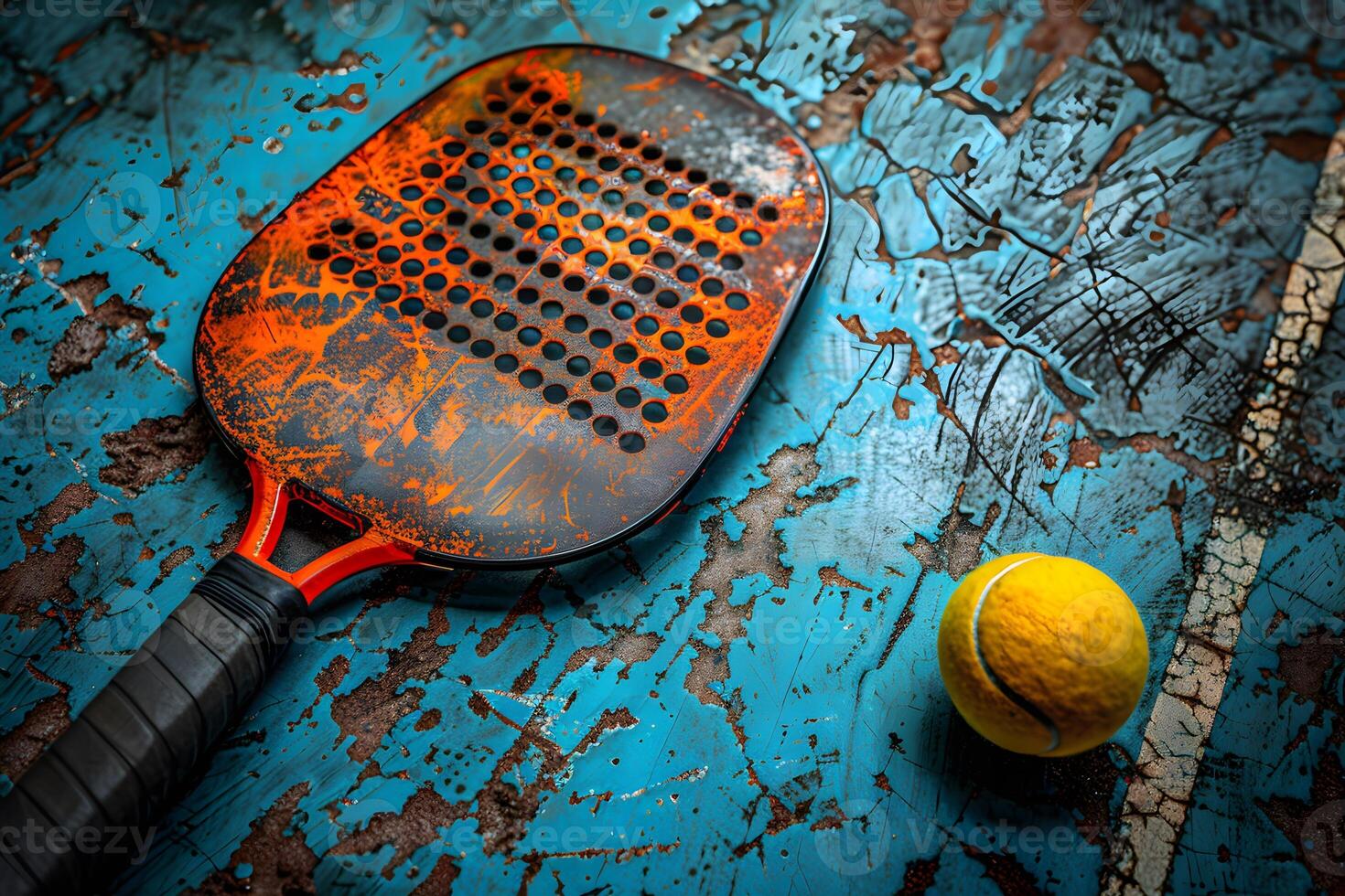 Vintage Paddle and Tennis Ball on Distressed Blue Court - Retro Sports Theme photo
