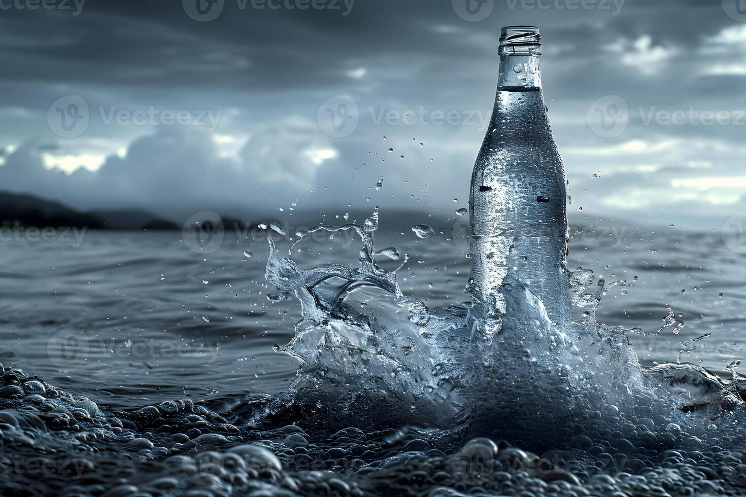 Dramatic Splashing Water Bottle in Ocean with Stormy Sky - Concept for Advertising and Environmental Awareness photo