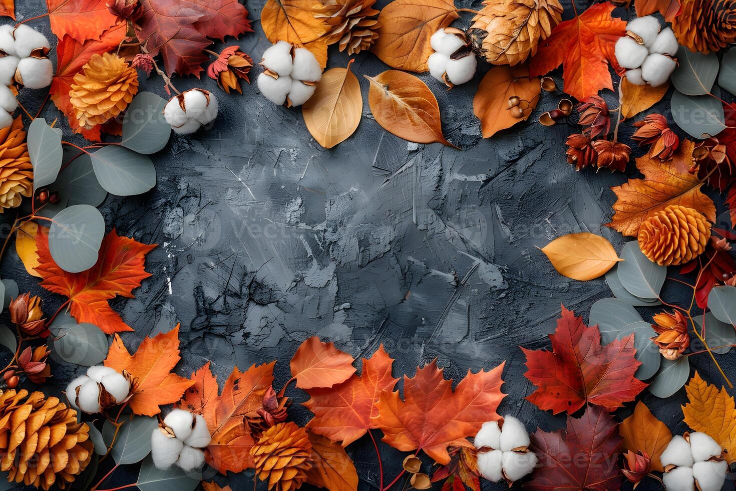 Autumn Leaves and Pine Cones Border - Blank Chalkboard Background for Seasonal Designs photo