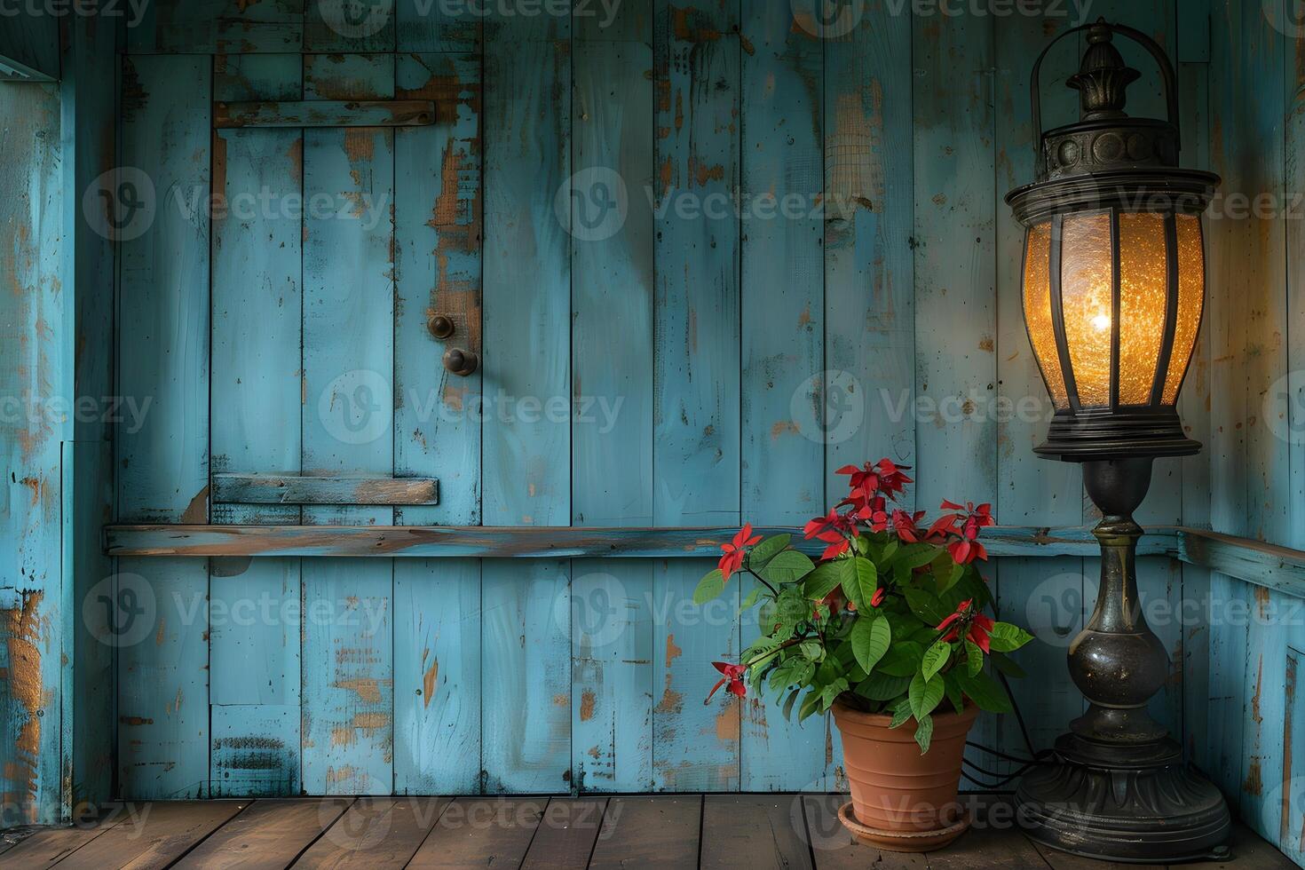 Rustic Lantern and Poinsettia Plant on Weathered Blue Wooden Bench - Cozy Holiday Scene photo