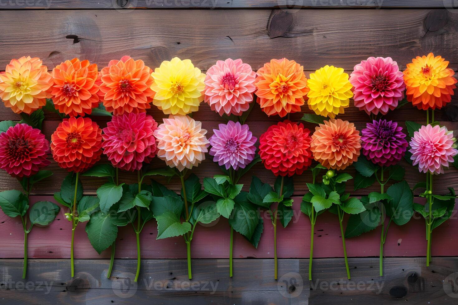 Vibrant Flower Arrangement of Dahlia Blooms on Wooden Surface for Floral Design and Decor Inspiration photo