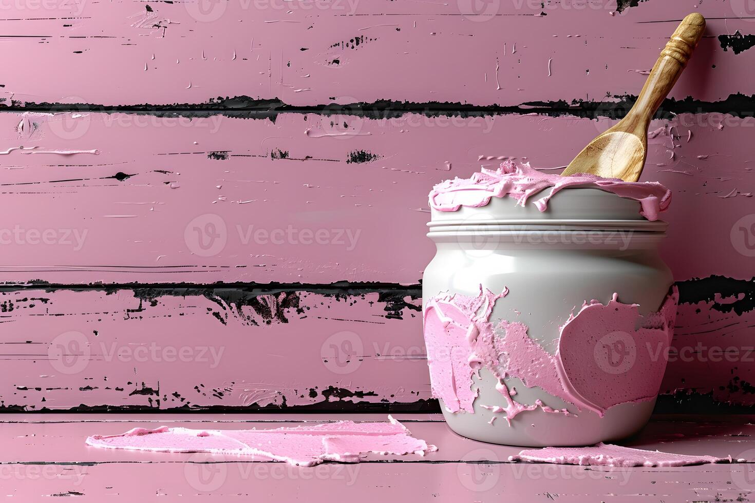 Rustic Painted Wooden Wall with Jar of Pink Paint and Wooden Spoon for Creative DIY Projects photo