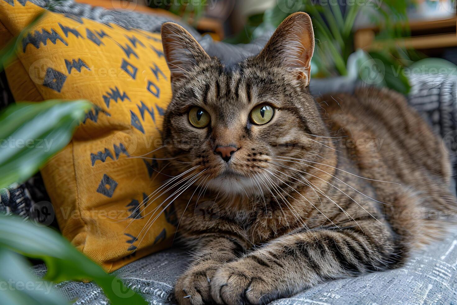 Close-Up Portrait of a Relaxed Tabby Cat on a Couch with Decorative Pillow - Ideal for Pet Posters photo