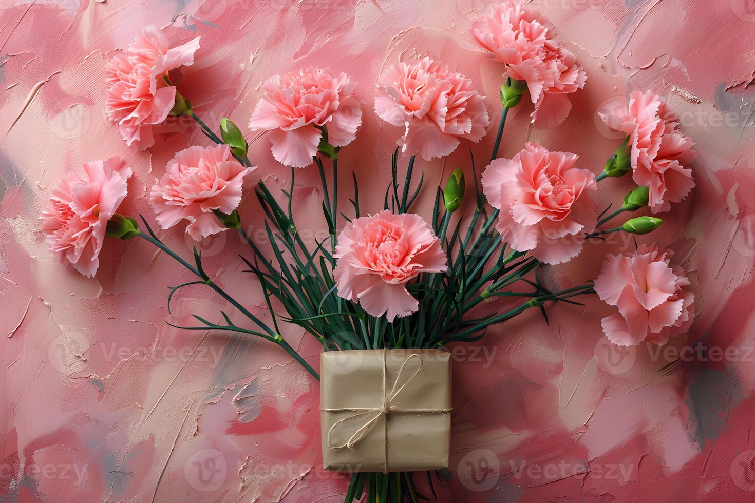 Beautiful Pink Carnations Bouquet with Gift Box on Textured Pink Background - Ideal for Mother's Day, Weddings, and Romantic Designs photo