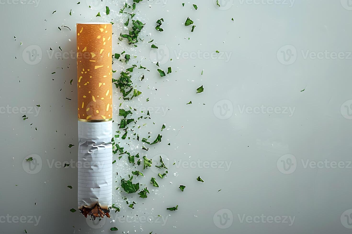 Anti-Smoking Concept Unlit Cigarette Covered in Crushed Green Leaves on White Background for Health Awareness Campaigns photo