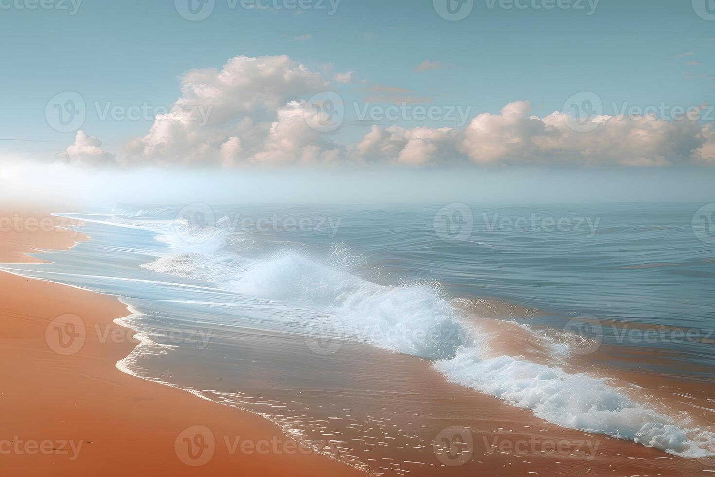 Tranquil Beach Scene with Gentle Waves and Fluffy Clouds - Perfect for Wall Art, Posters, and Holiday Postcards photo