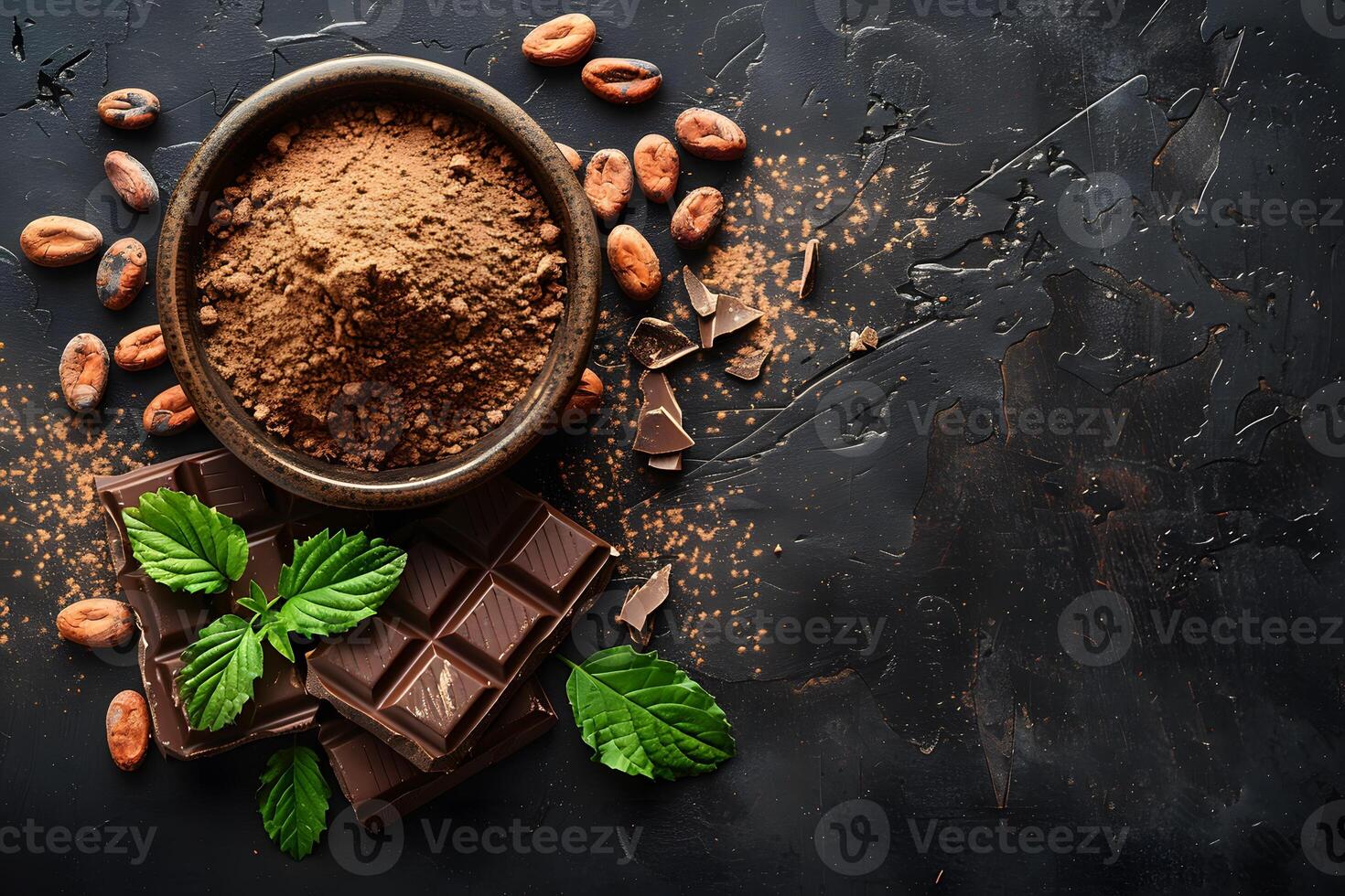 Rich Cocoa Powder and Dark Chocolate with Cocoa Beans and Mint Leaves on Rustic Black Background photo