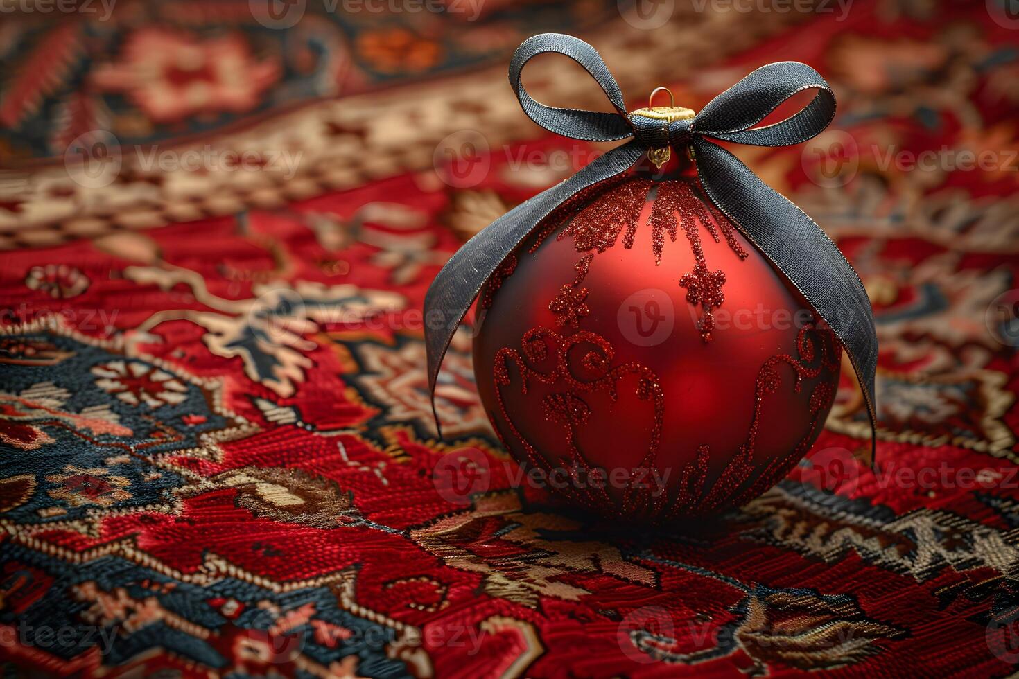 Elegant Red Christmas Ornament with Black Ribbon on Ornate Red Carpet for Holiday Decoration photo