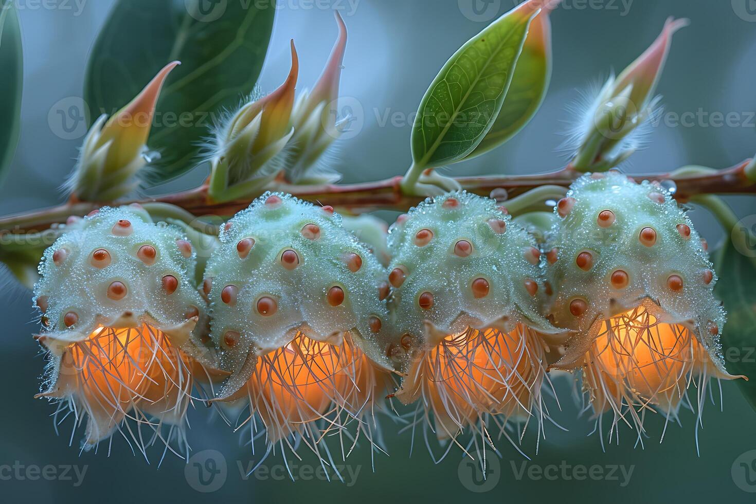 Magical Bioluminescent Plant Pods with Dew Drops in a Mystical Forest photo