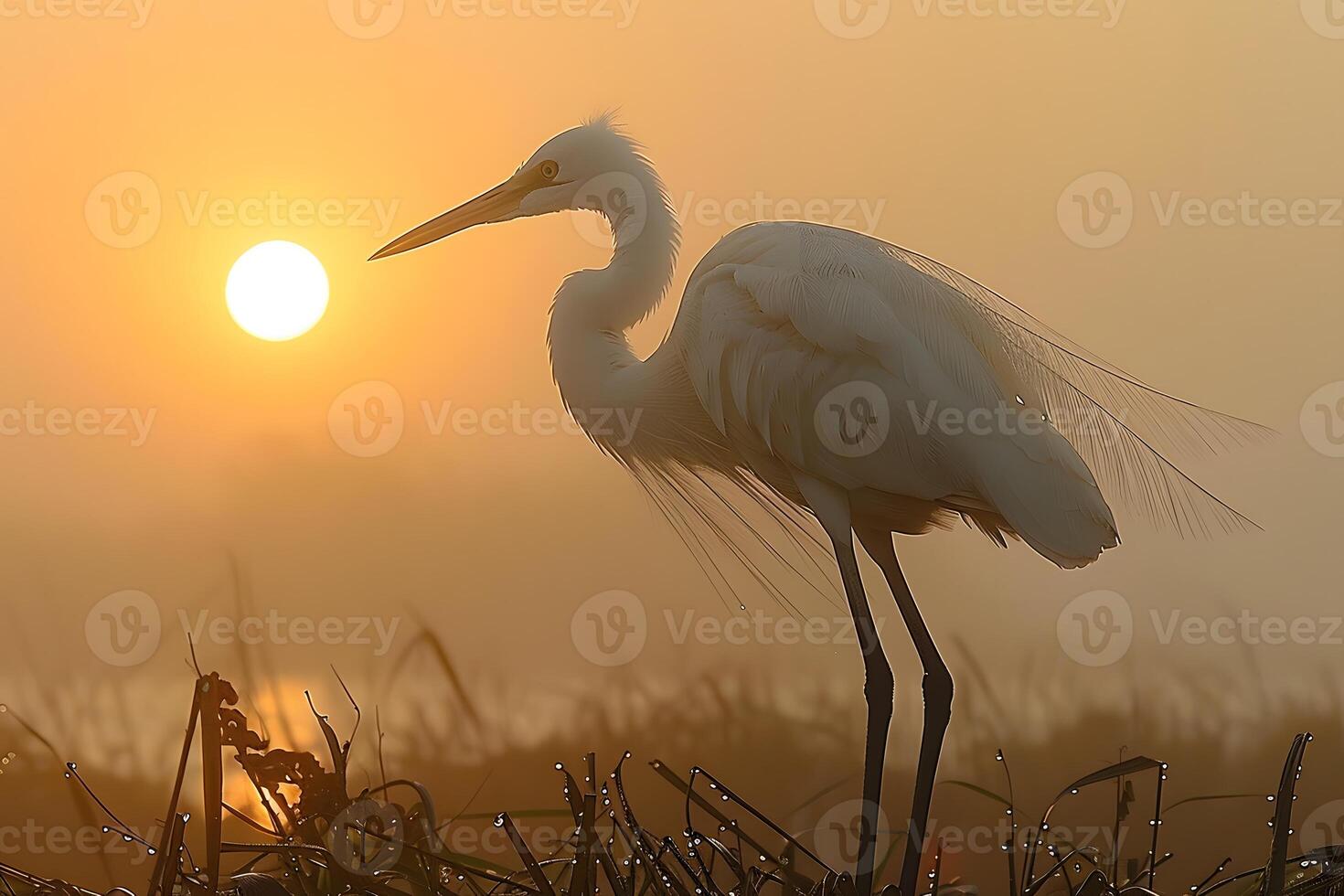 Serene Sunlit Wetland At Dawn with Elegant White Heron Nature Photography for Prints and Posters photo