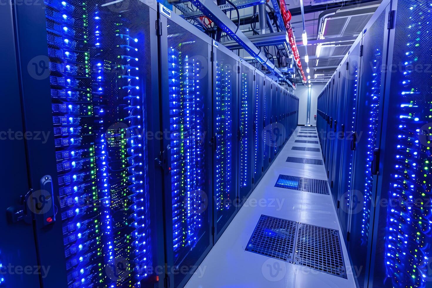 Modern Data Center with Server Racks and Blue LED Lights for Cloud Computing and Data Storage photo