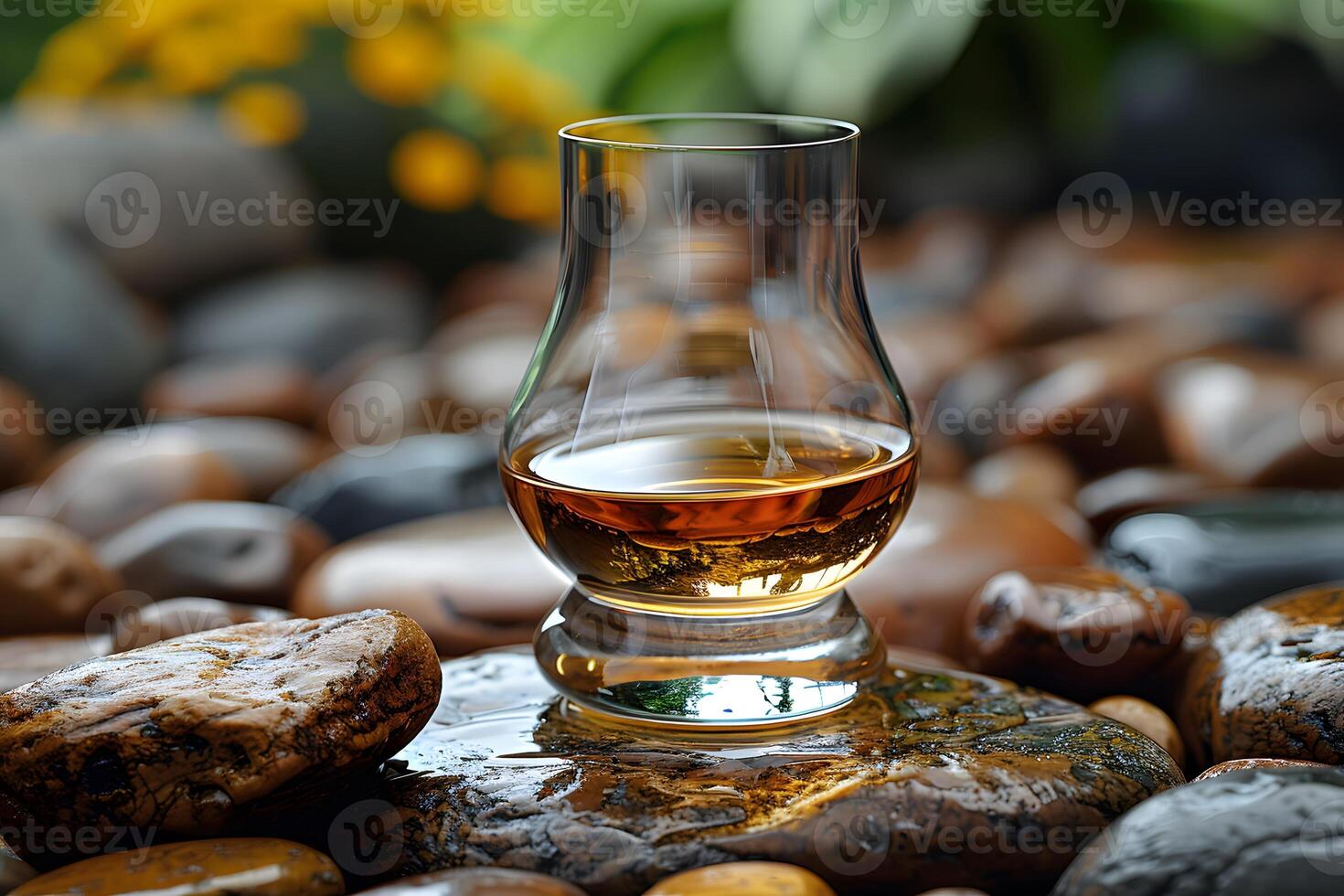 Premium Whiskey Glass Close-Up on River Rocks with Natural Background for Posters and Prints photo