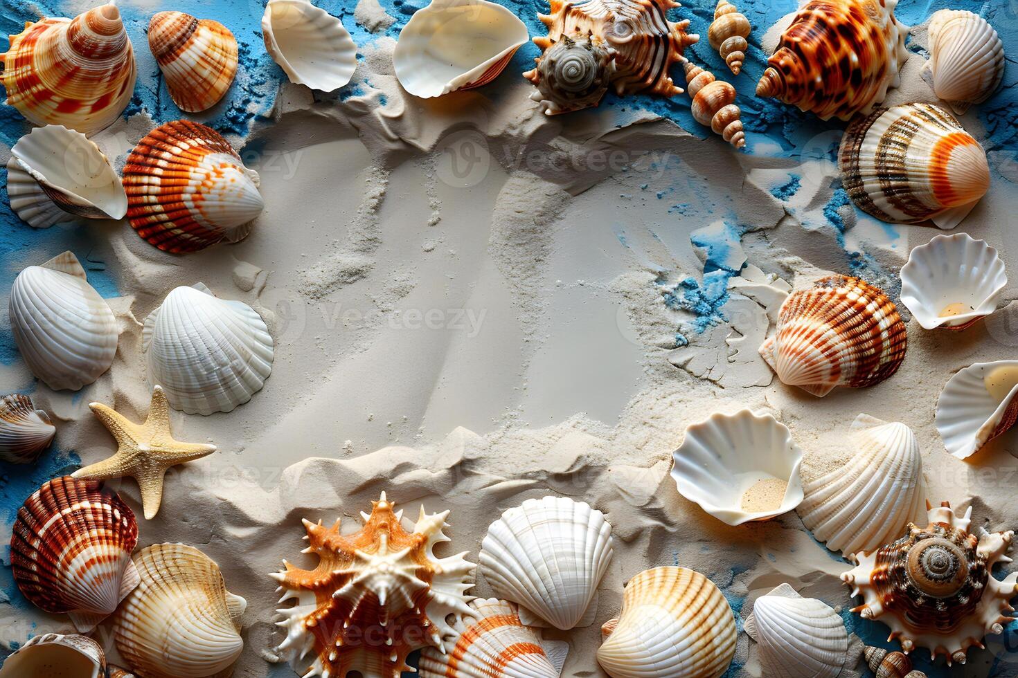 Colorful Seashells on Sandy Beach Decorative Elements for Summer Vacation Postcards and Beach-Themed Designs photo