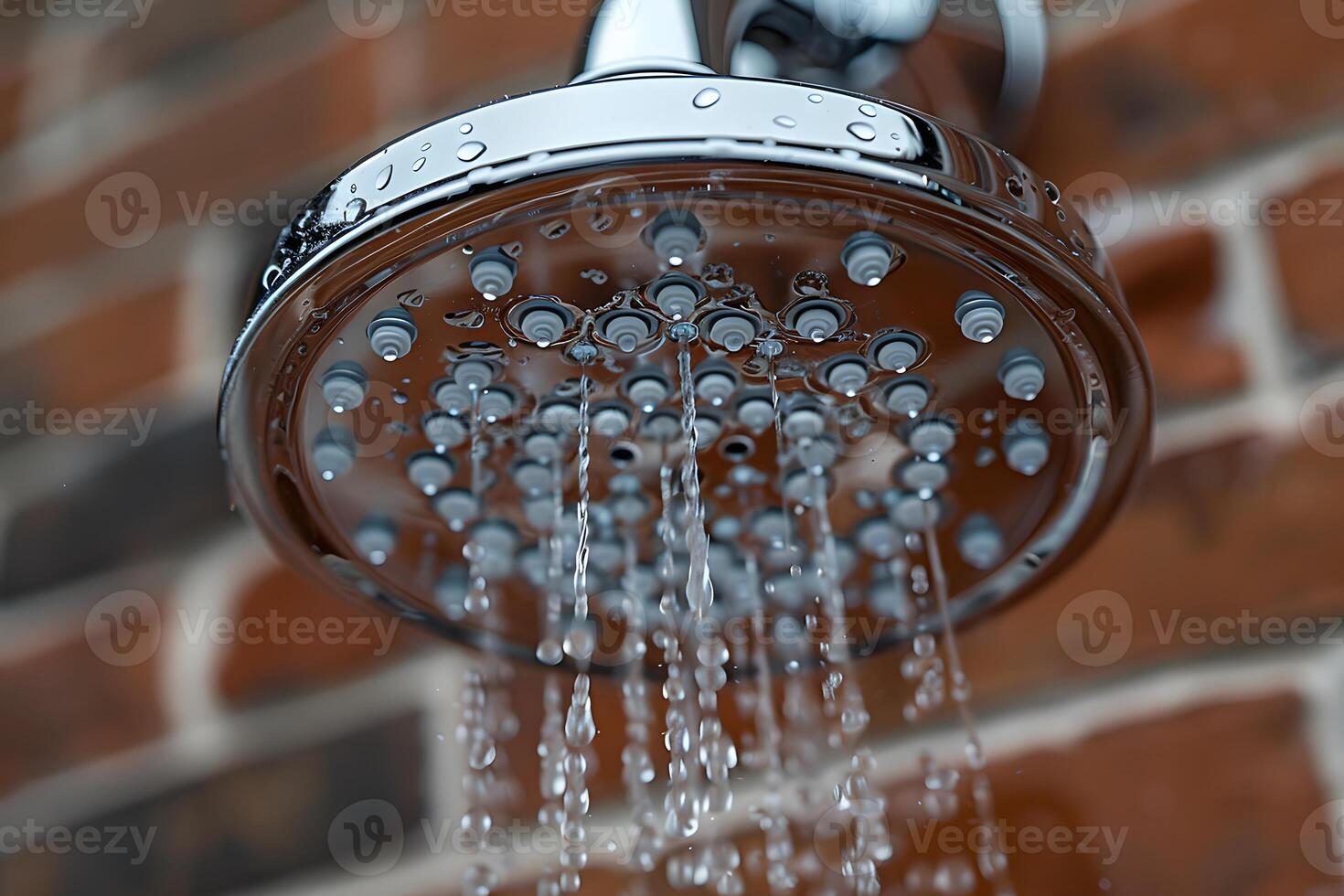 Close-Up of Modern Showerhead with Running Water Against Brick Wall Ideal for Bathroom Designs and Plumbing Concepts photo