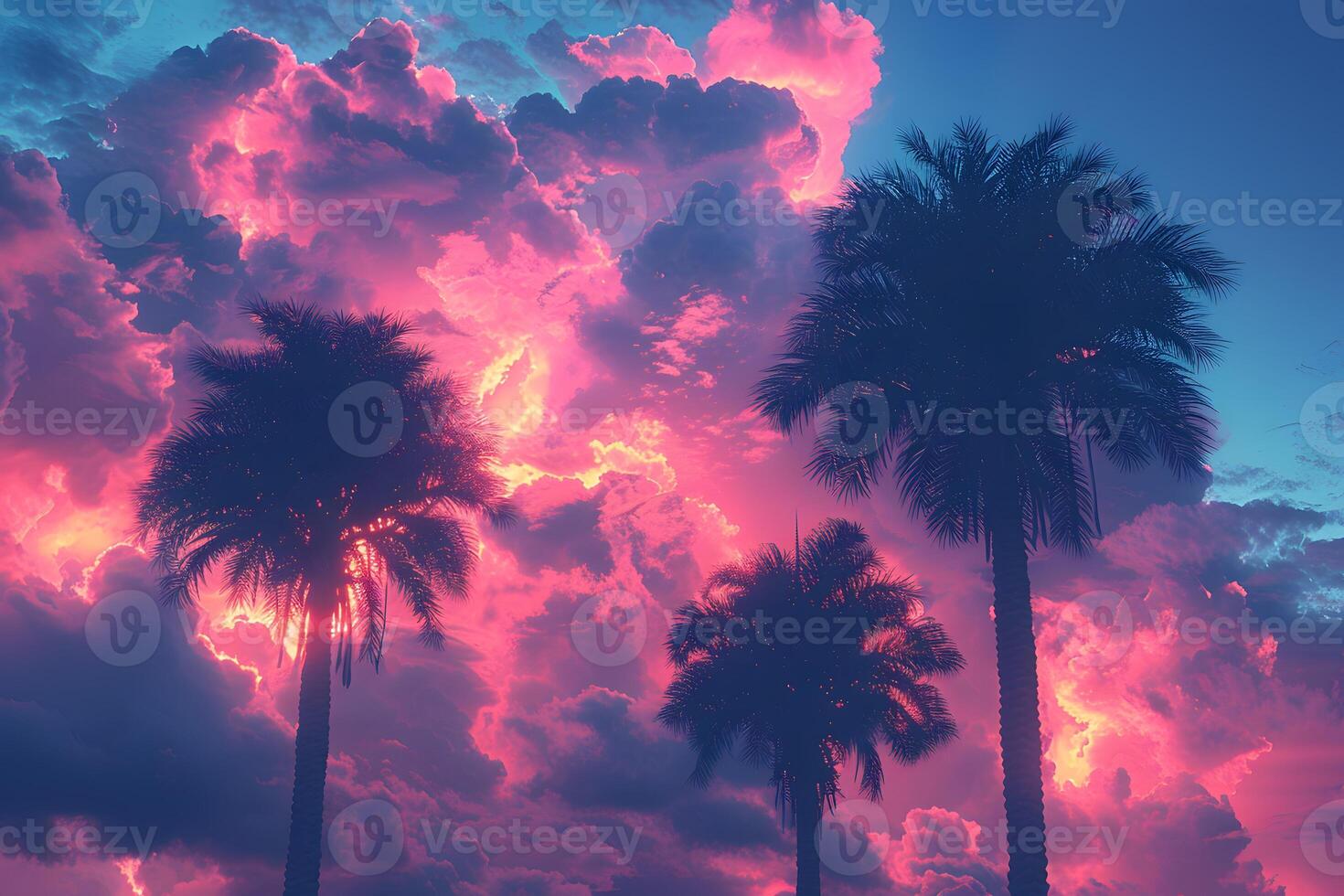 Vibrant Tropical Sunset with Silhouetted Palm Trees and Dramatic Pink-Blue Clouds photo