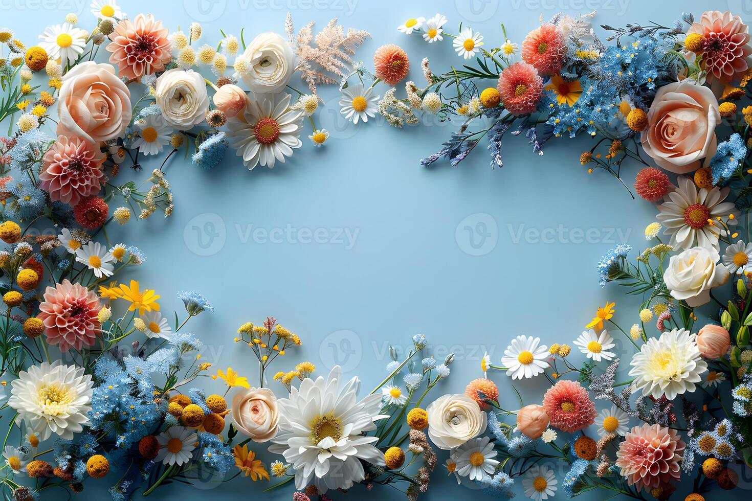 Floral Frame with Diverse Spring Flowers on Blue Background - Perfect for Invitations and Posters photo