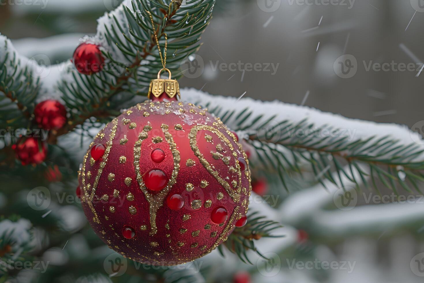 Festive Red Christmas Ornament on Snow-Covered Pine Branch - Christmas Decoration for Holiday Cards and Posters photo