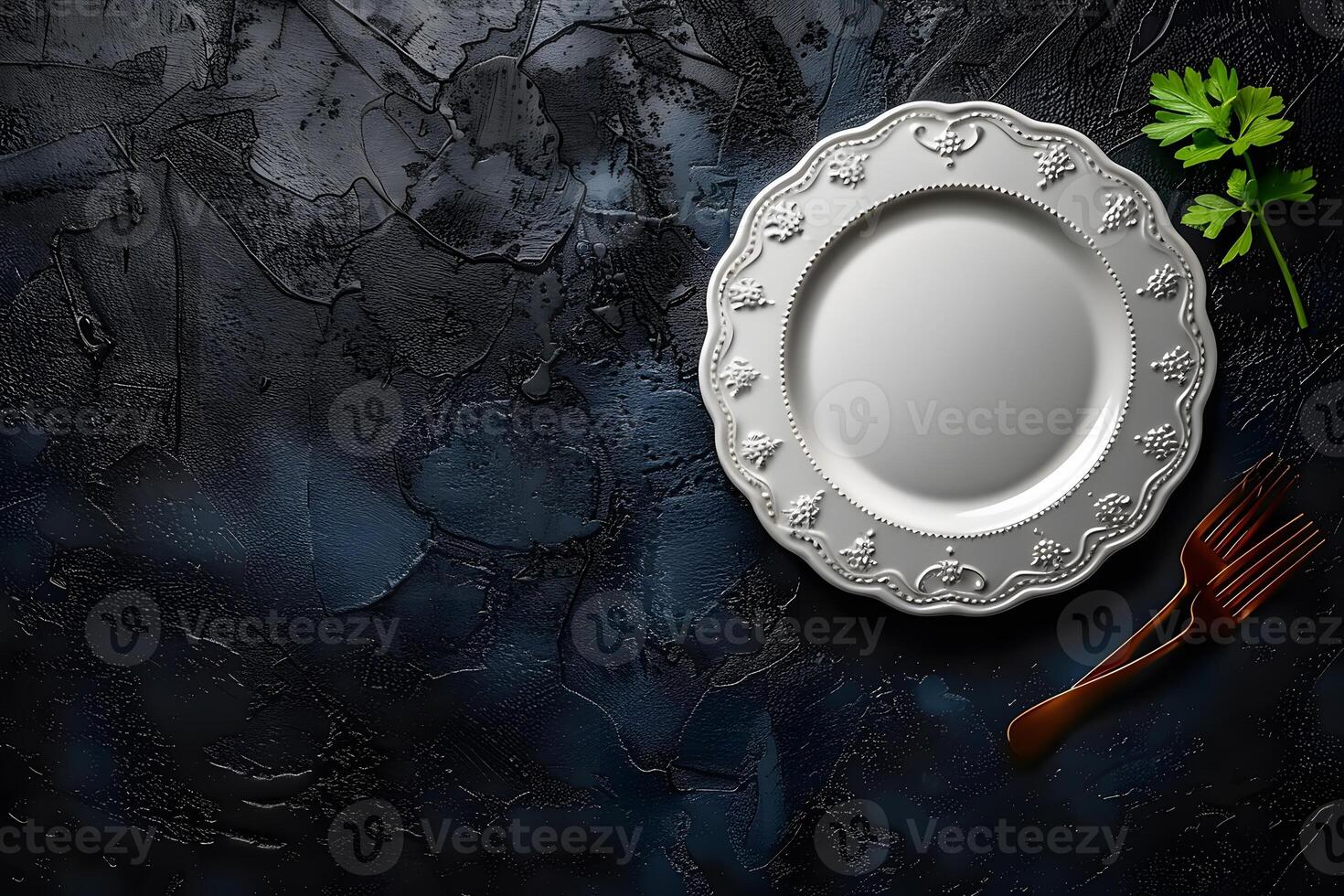 Elegant White Plate and Cutlery on Dark Textured Background for Dining and Culinary Design photo