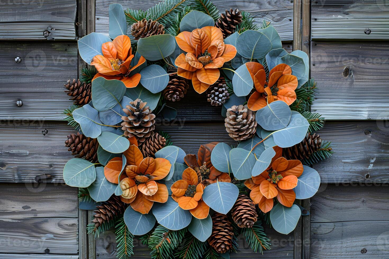 Autumn Wreath with Pinecones and Orange Flowers on Rustic Wooden Wall - Perfect for Seasonal Decor photo