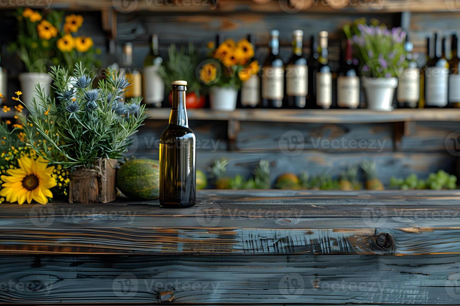 Rustic Wine Bar with Flower Arrangements and Bottles - Perfect for Spring and Summer Poster Design photo