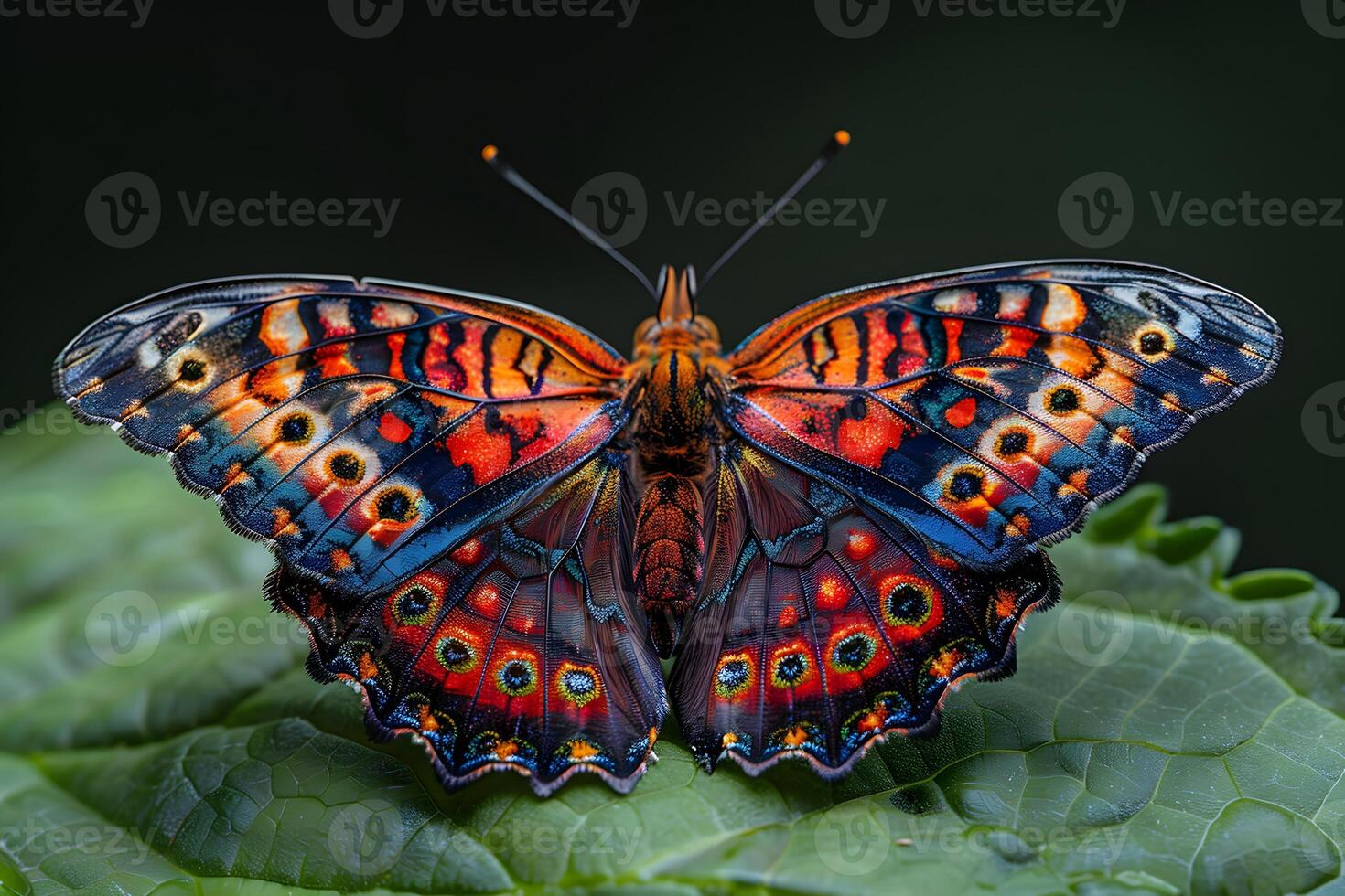 Vibrant Orange and Blue Butterfly Resting on Green Leaf - Nature and Wildlife Photography for Posters, Cards, and Print photo