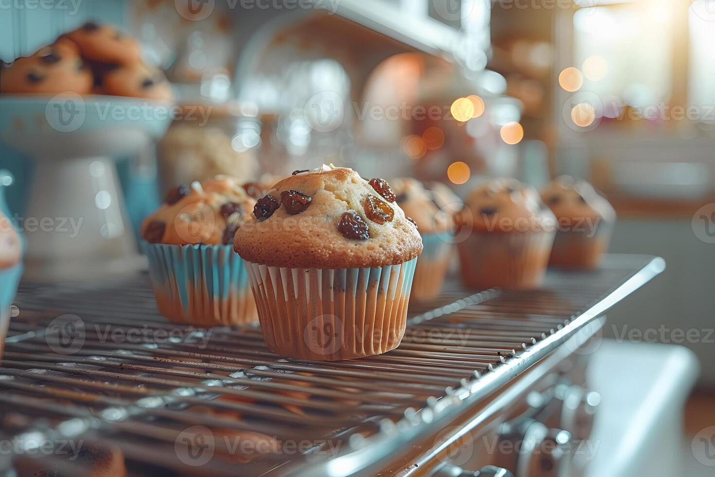 Delicious Homemade Chocolate Chip Muffins in a Cozy Kitchen Setting Perfect for Breakfast or Snack photo