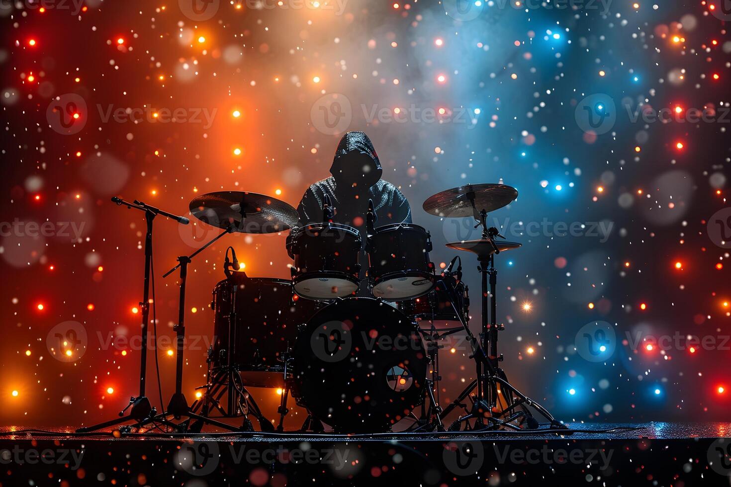 Mysterious Drummer on Stage with Colorful Bokeh Lights - Concert, Music Performance, Dramatic Lighting photo