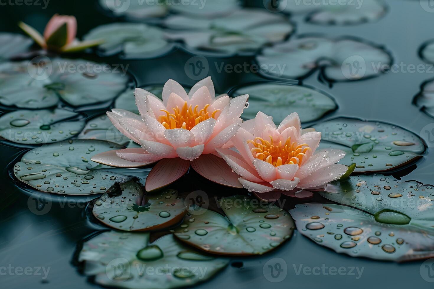 Water Lilies and Lotus Flowers on Pond - Tranquil Nature Scene with Dew Drops - Perfect for Posters and Prints photo