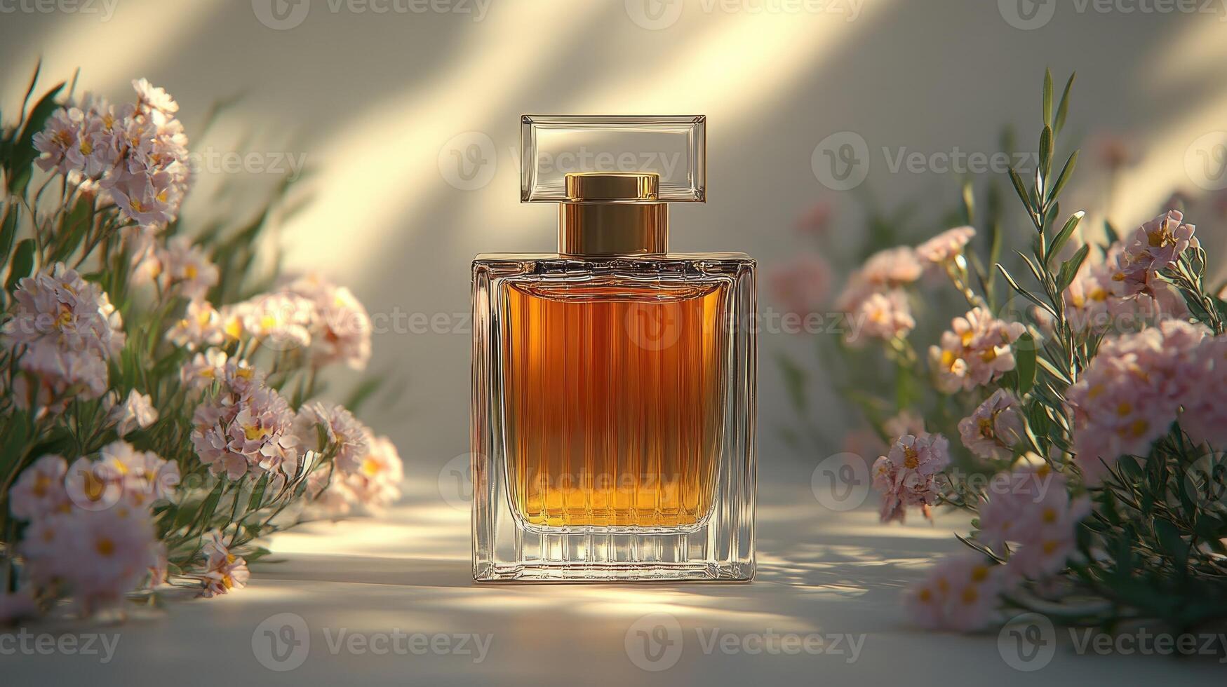 Transparent perfume bottle casting a shadow on a tabletop photo