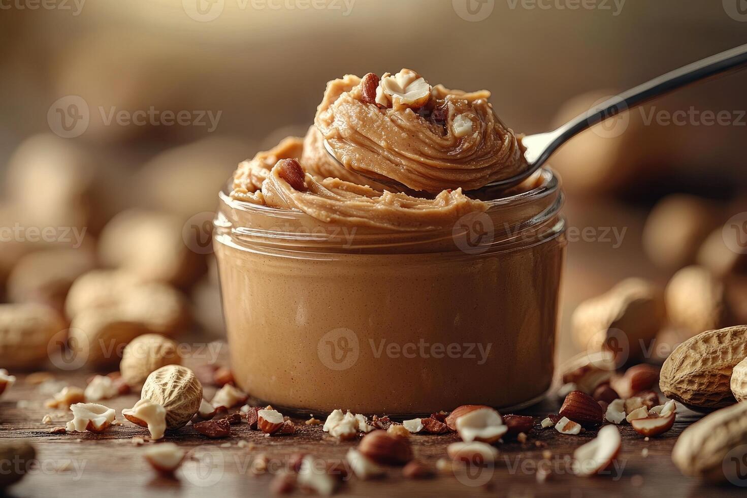 Spoon scooping creamy peanut butter from jar surrounded by peanuts photo