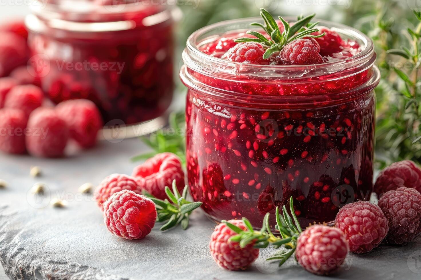 Raspberry jam with fresh raspberries and rosemary sprigs on white rustic table photo