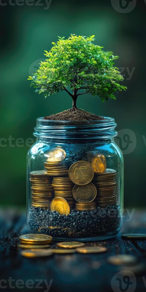 Small tree growing from coins in glass jar symbolizing investment photo