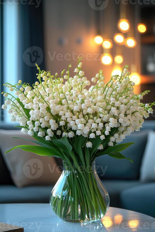 Bouquet of lily of the valley flowers bringing spring inside a cozy home photo