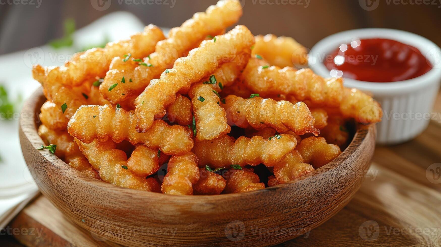 Basket of french fries sprinkled with parsley being served with ketchup photo